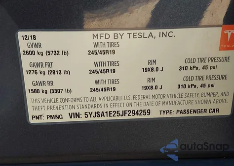2018 Tesla Model S 100D/75D/P100D z USA, uszkodzony, nr VIN 5YJSA1E25JF294259